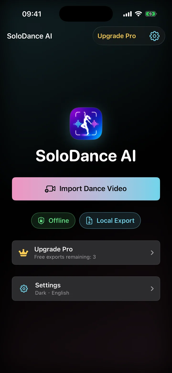 SoloDance AI home screen with the Import Dance Video button